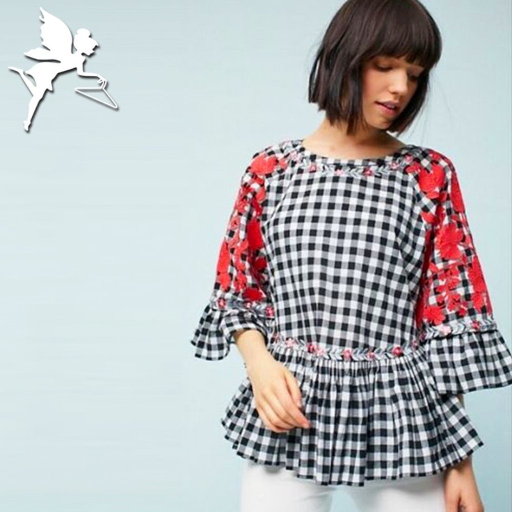 ANTHROPOLOGIE PANKAJ & NIDHI Tomato Girl Floral Gingham Peplum Top - Picture 1 of 8